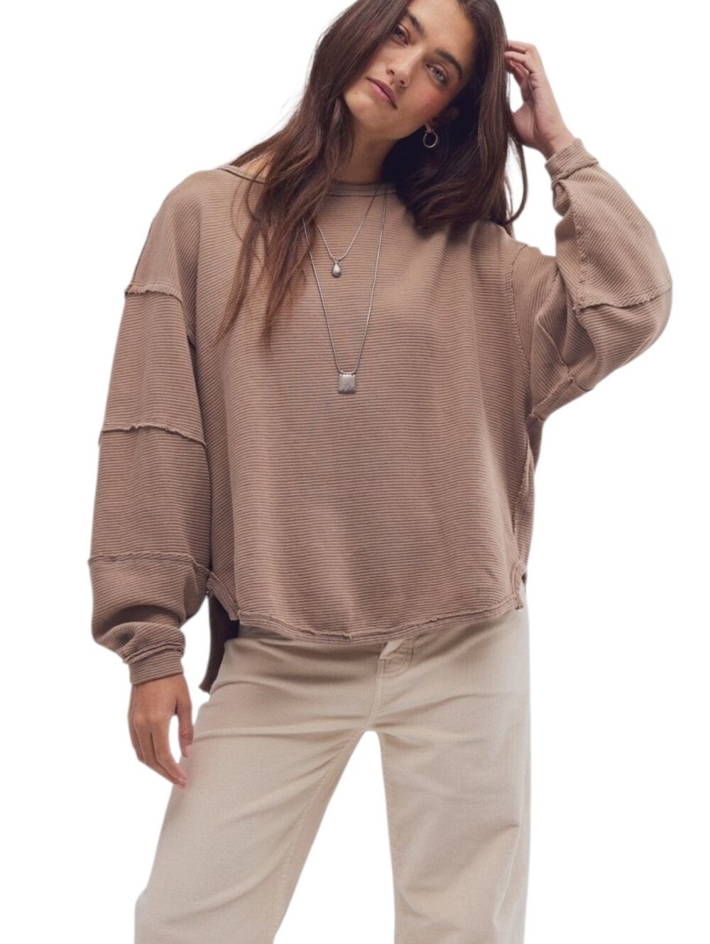 Free People We The Free Total Eclipse Ribbed Long Sleeve Tee Taupe M NWOT